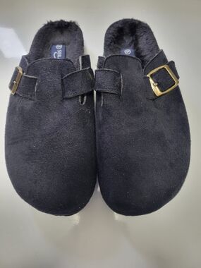 Black Suede-Look Mule Clogs with Gold Buckle